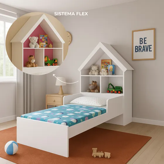 Cama Infantil Ariel Blanca/Rosada con Cabecero Casita y Esta