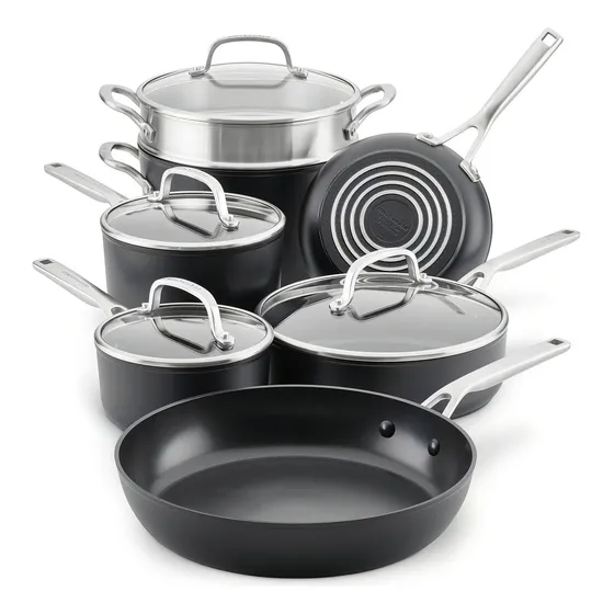 Batería 11Pzs Anodizado duro antiadherente, Negro, KitchenAi